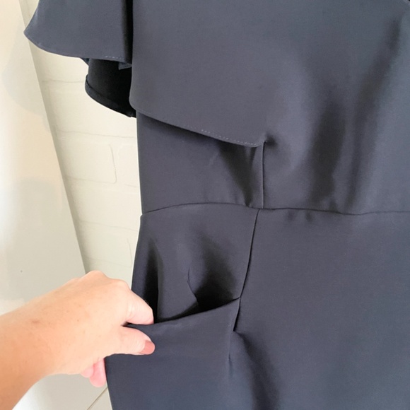 ASOS Midi dress Flounce Cape Angel Sleeve Pockets V neckline Navy blue Sz 10 - Picture 7 of 15